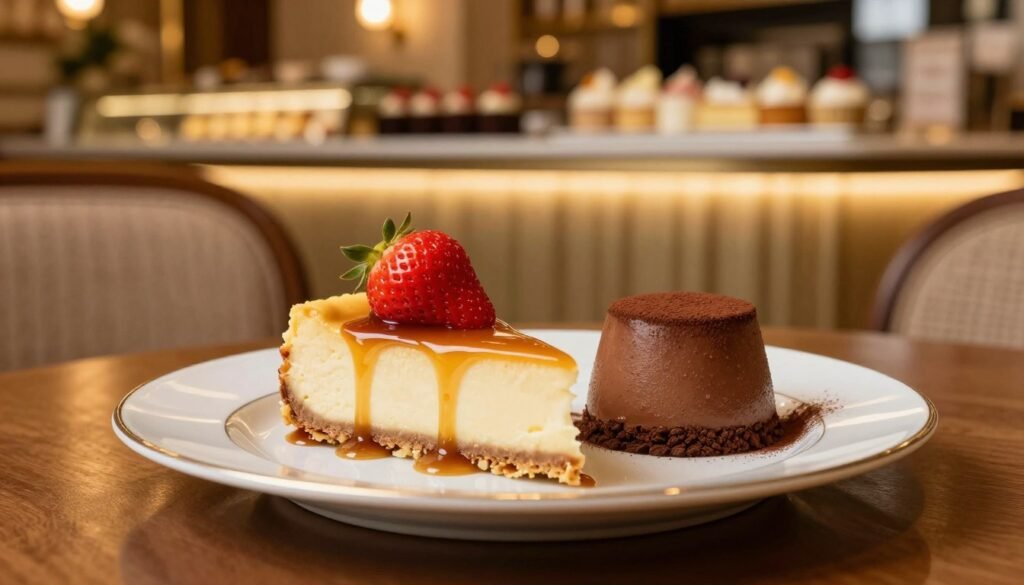 A beautifully arranged dessert pairing showcasing an elegant cheesecake slice topped with fresh strawberries, drizzled with caramel sauce, alongside a rich chocolate mousse adorned with a sprinkle of cocoa powder. In the foreground, a delicate porcelain plate contrasts with the colorful desserts, reflecting a warm, inviting atmosphere. The middle ground features a softly blurred luxurious restaurant setting, with plush seating and ambient lighting that creates a cozy and indulgent vibe. The background hints at a softly lit dessert display counter, adorned with various sweet treats, enhancing the decadence theme. The scene is illuminated with warm golden lighting, emphasizing the textures and details of the desserts, captured with a shallow depth of field to focus on the delectable arrangement, evoking a sense of anticipation and joy. A beautifully arranged dessert pairing showcasing an elegant cheesecake slice topped with fresh strawberries, drizzled with caramel sauce, alongside a rich chocolate mousse adorned with a sprinkle of cocoa powder. In the foreground, a delicate porcelain plate contrasts with the colorful desserts, reflecting a warm, inviting atmosphere. The middle ground features a softly blurred luxurious restaurant setting, with plush seating and ambient lighting that creates a cozy and indulgent vibe. The background hints at a softly lit dessert display counter, adorned with various sweet treats, enhancing the decadence theme. The scene is illuminated with warm golden lighting, emphasizing the textures and details of the desserts, captured with a shallow depth of field to focus on the delectable arrangement, evoking a sense of anticipation and joy.