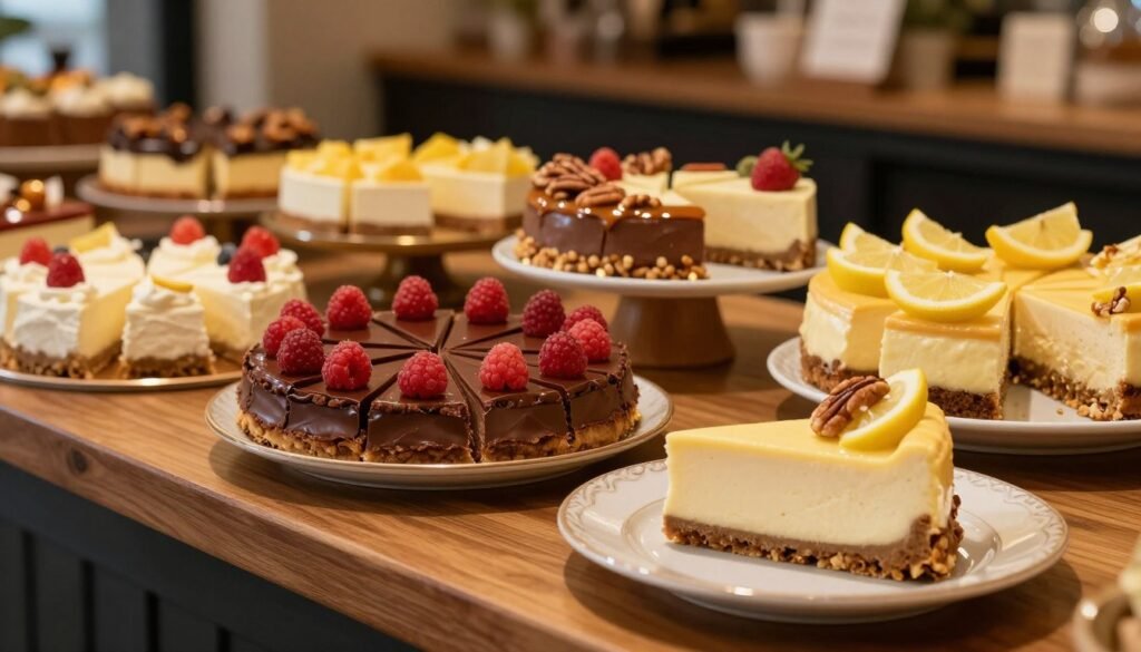 A beautifully arranged display of assorted gluten-free cheesecakes, featuring a variety of flavors such as classic raspberry, rich chocolate, caramel pecan, and zesty lemon, all artfully garnished with fresh fruit and nuts. In the foreground, a slice of creamy cheesecake on a decorative plate, showcasing its smooth texture and rich layers. In the middle, a wooden table with additional cheesecake varieties on elegant dessert stands and a soft-focus background of a stylish café setting with warm, inviting lighting. The scene is illuminated with soft, golden light to create a cozy atmosphere that highlights the indulgence of gluten-free desserts. Shot at a slight angle to capture depth and layers in the presentation without any text or distractions.