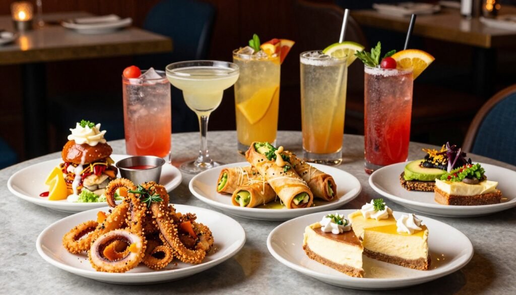 A beautifully arranged flat lay of the Cheesecake Factory's Happy Hour menu items, showcasing a selection of vibrant appetizers and signature drinks. In the foreground, feature a variety of colorful dishes like fried calamari, avocado egg rolls, and mini cheesecakes artistically plated. In the middle, place elegant cocktail glasses filled with colorful beverages, garnished with fresh fruits and herbs. The background should include a subtle blur of a cozy restaurant setting with warm, inviting lighting, creating a relaxed ambiance. The angle should capture the items from a slight overhead view, enhancing the appealing textures and colors. The overall mood is lively and enticing, perfect for enjoying delightful bites during happy hour. A beautifully arranged flat lay of the Cheesecake Factory's Happy Hour menu items, showcasing a selection of vibrant appetizers and signature drinks. In the foreground, feature a variety of colorful dishes like fried calamari, avocado egg rolls, and mini cheesecakes artistically plated. In the middle, place elegant cocktail glasses filled with colorful beverages, garnished with fresh fruits and herbs. The background should include a subtle blur of a cozy restaurant setting with warm, inviting lighting, creating a relaxed ambiance. The angle should capture the items from a slight overhead view, enhancing the appealing textures and colors. The overall mood is lively and enticing, perfect for enjoying delightful bites during happy hour.