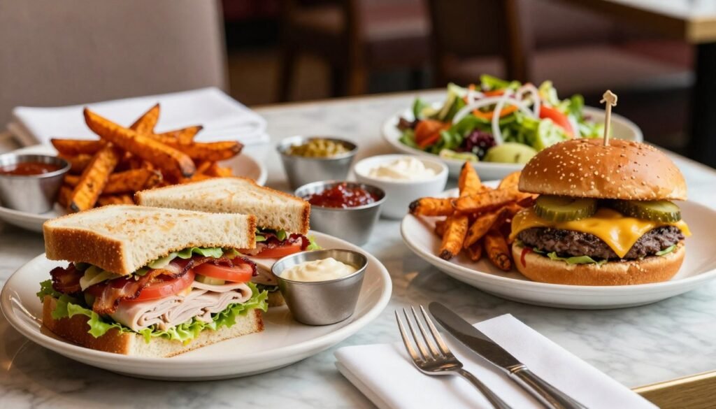 A beautifully arranged lunch table featuring a variety of Cheesecake Factory sandwich and burger specials. In the foreground, a gourmet turkey club sandwich with layers of crispy bacon, fresh lettuce, and tomatoes, beside a classic cheeseburger topped with melted cheese and pickles. Accompanying them are crispy sweet potato fries and a colorful side salad. In the middle ground, a delightful spread of sauces and condiments in small bowls enhances the scene. The background reveals a cozy restaurant setting with soft, diffused lighting that creates a warm ambiance, delicate table settings with white napkins and polished cutlery. The angle is slightly elevated, capturing the delicious details and inviting atmosphere, evoking a sense of indulgence and satisfaction perfect for a midday delight. A beautifully arranged lunch table featuring a variety of Cheesecake Factory sandwich and burger specials. In the foreground, a gourmet turkey club sandwich with layers of crispy bacon, fresh lettuce, and tomatoes, beside a classic cheeseburger topped with melted cheese and pickles. Accompanying them are crispy sweet potato fries and a colorful side salad. In the middle ground, a delightful spread of sauces and condiments in small bowls enhances the scene. The background reveals a cozy restaurant setting with soft, diffused lighting that creates a warm ambiance, delicate table settings with white napkins and polished cutlery. The angle is slightly elevated, capturing the delicious details and inviting atmosphere, evoking a sense of indulgence and satisfaction perfect for a midday delight.