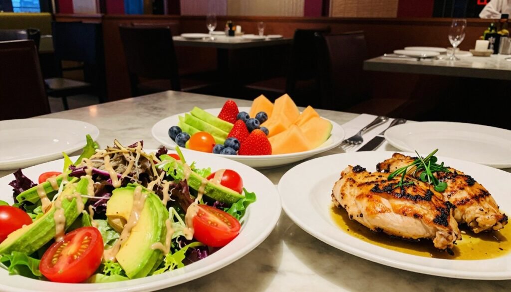 A beautifully arranged table at the Cheesecake Factory showcasing healthy menu options. In the foreground, a colorful salad with mixed greens, vibrant cherry tomatoes, slices of avocado, and a drizzle of light dressing, alongside a grilled chicken dish garnished with herbs. In the middle, a refreshing fruit platter featuring strawberries, blueberries, and melon, artfully presented. The background features the warm and inviting ambiance of the restaurant, with soft lighting and elegant décor. The scene captures a sense of health-conscious dining and inclusivity for special dietary needs. The angle is slightly above the table, allowing for an inviting, intimate perspective. The overall mood is cheerful and welcoming, perfect for those seeking nutritious options in a vibrant restaurant setting. A beautifully arranged table at the Cheesecake Factory showcasing healthy menu options. In the foreground, a colorful salad with mixed greens, vibrant cherry tomatoes, slices of avocado, and a drizzle of light dressing, alongside a grilled chicken dish garnished with herbs. In the middle, a refreshing fruit platter featuring strawberries, blueberries, and melon, artfully presented. The background features the warm and inviting ambiance of the restaurant, with soft lighting and elegant décor. The scene captures a sense of health-conscious dining and inclusivity for special dietary needs. The angle is slightly above the table, allowing for an inviting, intimate perspective. The overall mood is cheerful and welcoming, perfect for those seeking nutritious options in a vibrant restaurant setting.