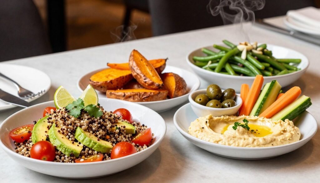 A beautifully arranged table featuring a variety of vibrant vegan side dishes suitable for a sophisticated dining experience. In the foreground, a colorful quinoa salad with cherry tomatoes, avocado, and cilantro garnished with lime wedges. Next to it, a creamy hummus served with fresh carrot and cucumber sticks, alongside a small bowl of olives and marinated artichokes. In the middle ground, display golden roasted sweet potatoes and a steaming bowl of sautéed garlic green beans, both artistically presented. The background features a softly blurred restaurant ambiance with warm, inviting lighting, enhancing the appetizing colors of the dishes. Capture the scene from a top-down angle, ensuring a clean and polished appearance. The mood is lively yet elegant, perfect for showcasing plant-based culinary delights.