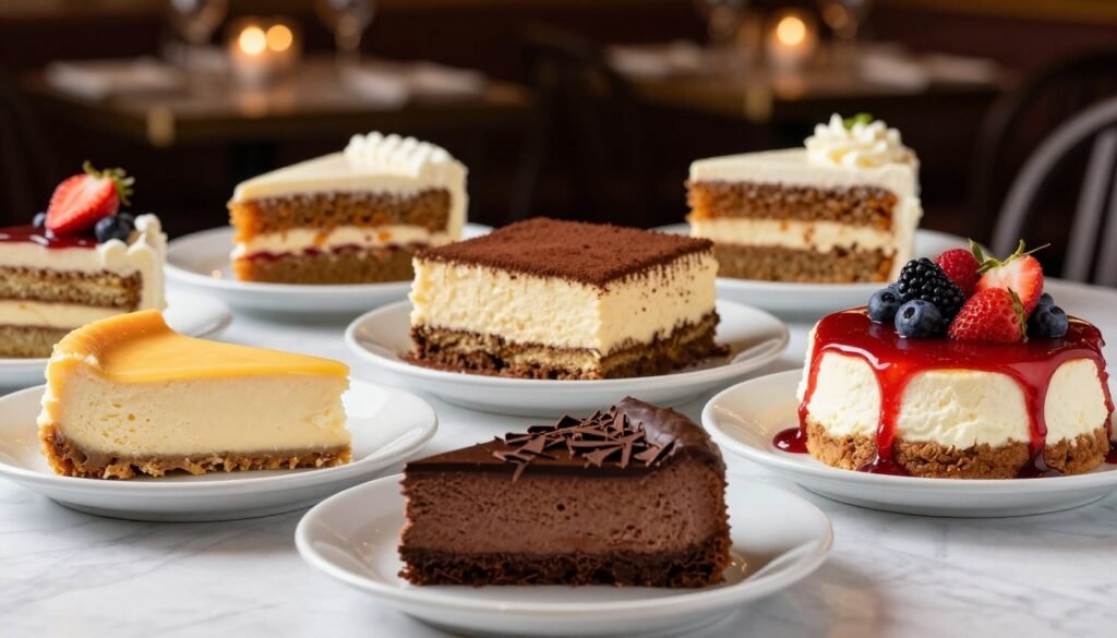 A beautifully arranged table overflowing with an array of signature cheesecakes and dessert options from The Cheesecake Factory. In the foreground, a classic New York cheesecake, rich and creamy, sits next to a decadent chocolate cheesecake adorned with shavings of dark chocolate. To the side, a vibrant strawberry cheesecake topped with fresh berries and a drizzle of strawberry coulis adds a pop of color. In the middle, a rich tiramisu and a slice of carrot cake with cream cheese frosting are artfully displayed. The background features a softly lit, elegant restaurant ambiance with blurred candlelight reflecting warm, inviting tones. The scene captures an enticing atmosphere that showcases indulgence and delight, perfect for dessert lovers. Natural light filters from an unseen source, enhancing the textures and colors of each dessert. A beautifully arranged table overflowing with an array of signature cheesecakes and dessert options from The Cheesecake Factory. In the foreground, a classic New York cheesecake, rich and creamy, sits next to a decadent chocolate cheesecake adorned with shavings of dark chocolate. To the side, a vibrant strawberry cheesecake topped with fresh berries and a drizzle of strawberry coulis adds a pop of color. In the middle, a rich tiramisu and a slice of carrot cake with cream cheese frosting are artfully displayed. The background features a softly lit, elegant restaurant ambiance with blurred candlelight reflecting warm, inviting tones. The scene captures an enticing atmosphere that showcases indulgence and delight, perfect for dessert lovers. Natural light filters from an unseen source, enhancing the textures and colors of each dessert.