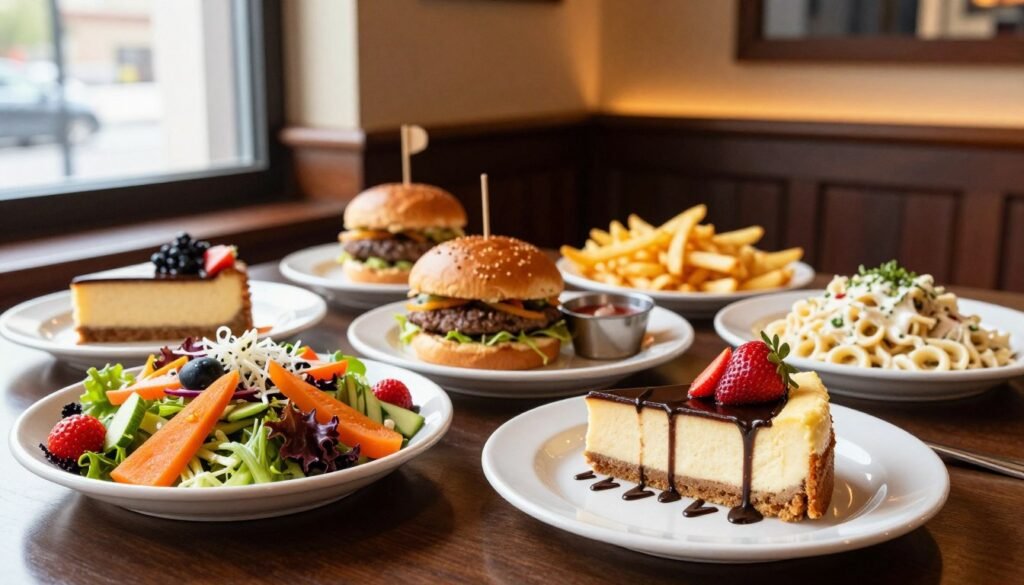 A beautifully arranged table showcasing a variety of Cheesecake Factory lunch specials. In the foreground, a delicious slice of strawberry cheesecake sits enticingly on a white plate, garnished with fresh strawberries and a drizzle of chocolate sauce. Beside it, a vibrant salad filled with colorful vegetables offers a healthy contrast. In the middle, an array of lunch deals is displayed, including a classic burger and fries, and a creamy pasta dish, all artfully plated. Soft natural lighting filters in from a nearby window, creating a warm, inviting atmosphere. The background features the elegant decor of the Cheesecake Factory, with wood accents and ambient lighting, enhancing the sense of a cozy yet upscale dining experience. Capture this scene from a slightly overhead angle to emphasize the delicious food and inviting atmosphere. A beautifully arranged table showcasing a variety of Cheesecake Factory lunch specials. In the foreground, a delicious slice of strawberry cheesecake sits enticingly on a white plate, garnished with fresh strawberries and a drizzle of chocolate sauce. Beside it, a vibrant salad filled with colorful vegetables offers a healthy contrast. In the middle, an array of lunch deals is displayed, including a classic burger and fries, and a creamy pasta dish, all artfully plated. Soft natural lighting filters in from a nearby window, creating a warm, inviting atmosphere. The background features the elegant decor of the Cheesecake Factory, with wood accents and ambient lighting, enhancing the sense of a cozy yet upscale dining experience. Capture this scene from a slightly overhead angle to emphasize the delicious food and inviting atmosphere.