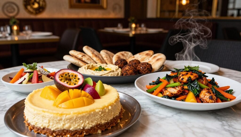 A beautifully arranged table showcasing a variety of international menu items from the Cheesecake Factory. In the foreground, a rich and creamy cheesecake topped with exotic fruits, such as mango and passion fruit, takes center stage. Nearby, a plate of spicy Thai basil chicken stir-fry, steaming and vibrant with colorful vegetables, invites the viewer. In the middle ground, a colorful Mediterranean platter featuring hummus, falafel, and pita bread adds a global touch. The background reveals a softly lit restaurant setting, with elegant decor and warm ambient lighting, enhancing the inviting atmosphere. The angle captures the table from a slightly elevated perspective, highlighting the variety of dishes. The overall mood is warm and inviting, evoking a sense of culinary adventure and delight in global flavors. A beautifully arranged table showcasing a variety of international menu items from the Cheesecake Factory. In the foreground, a rich and creamy cheesecake topped with exotic fruits, such as mango and passion fruit, takes center stage. Nearby, a plate of spicy Thai basil chicken stir-fry, steaming and vibrant with colorful vegetables, invites the viewer. In the middle ground, a colorful Mediterranean platter featuring hummus, falafel, and pita bread adds a global touch. The background reveals a softly lit restaurant setting, with elegant decor and warm ambient lighting, enhancing the inviting atmosphere. The angle captures the table from a slightly elevated perspective, highlighting the variety of dishes. The overall mood is warm and inviting, evoking a sense of culinary adventure and delight in global flavors.