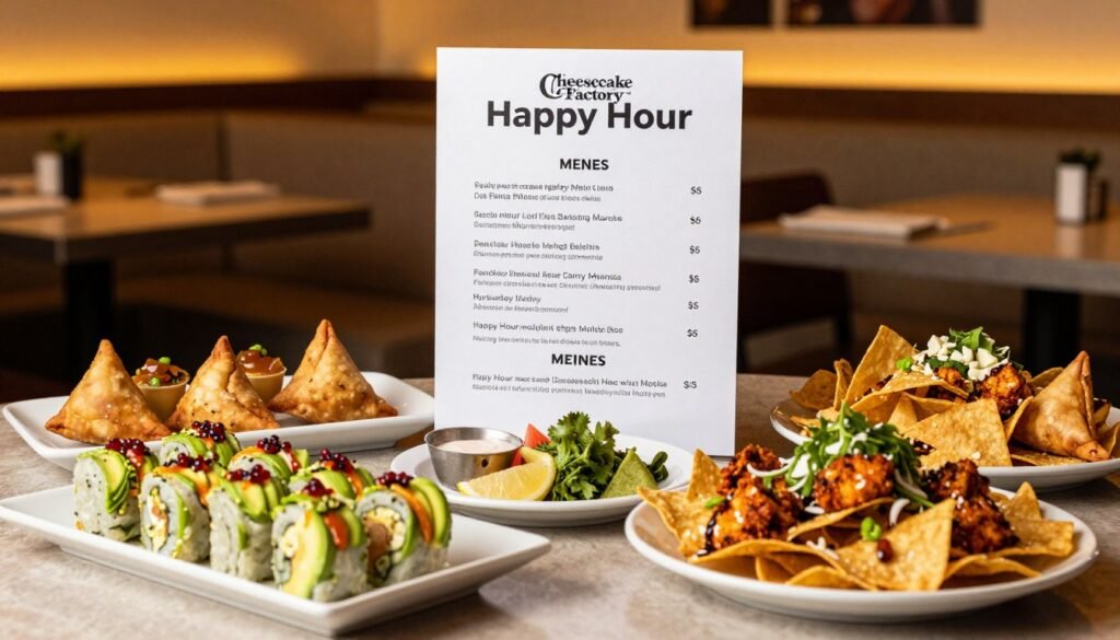 A beautifully arranged table showcasing the Cheesecake Factory Happy Hour Menu. In the foreground, display a vibrant assortment of popular appetizers, like crispy avocado rolls, chicken samosas, and loaded nachos, elegantly plated with garnishes. In the middle, a stylish menu board with a minimalist design prominently features the Happy Hour offerings, rendered in rich colors that evoke a sense of deliciousness. The background includes a warmly lit restaurant interior, with soft yellow lighting and cozy booths, providing an inviting atmosphere. Capture the scene from a slightly elevated angle, emphasizing the abundance of food and the convivial environment, conveying a mood of joy and relaxation. A beautifully arranged table showcasing the Cheesecake Factory Happy Hour Menu. In the foreground, display a vibrant assortment of popular appetizers, like crispy avocado rolls, chicken samosas, and loaded nachos, elegantly plated with garnishes. In the middle, a stylish menu board with a minimalist design prominently features the Happy Hour offerings, rendered in rich colors that evoke a sense of deliciousness. The background includes a warmly lit restaurant interior, with soft yellow lighting and cozy booths, providing an inviting atmosphere. Capture the scene from a slightly elevated angle, emphasizing the abundance of food and the convivial environment, conveying a mood of joy and relaxation.
