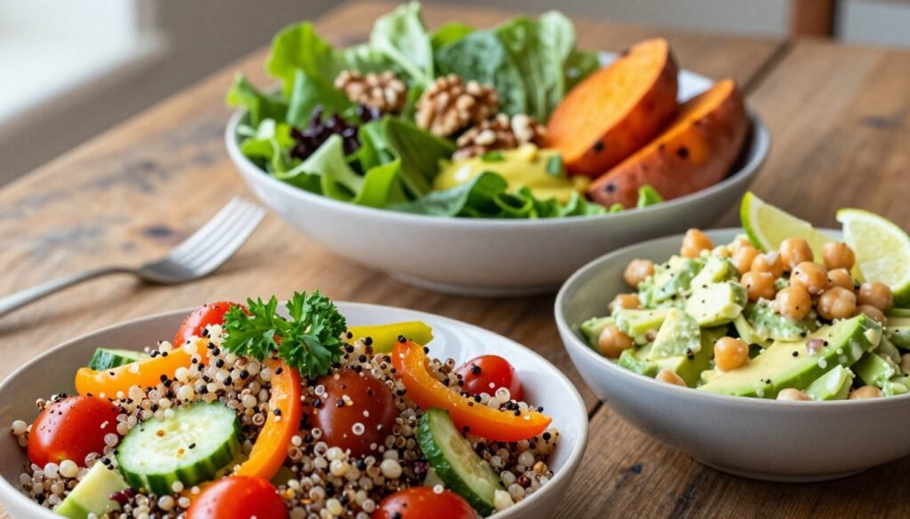 A colorful arrangement of fresh vegan salads, showcasing a variety of ingredients. In the foreground, a vibrant quinoa salad with cherry tomatoes, cucumber, bell peppers, and a sprinkle of parsley. Beside it, a creamy avocado and chickpea salad garnished with lime wedges. In the middle, a large bowl of mixed greens topped with roasted sweet potatoes, walnuts, and a lemon vinaigrette. The background features a rustic wooden table, subtly out of focus to emphasize the salads. Soft, natural light filters in from the side, creating a warm and inviting atmosphere. The angle is slightly above eye level to capture the textures and colors of the salads without distractions, conveying a fresh and healthy mood.