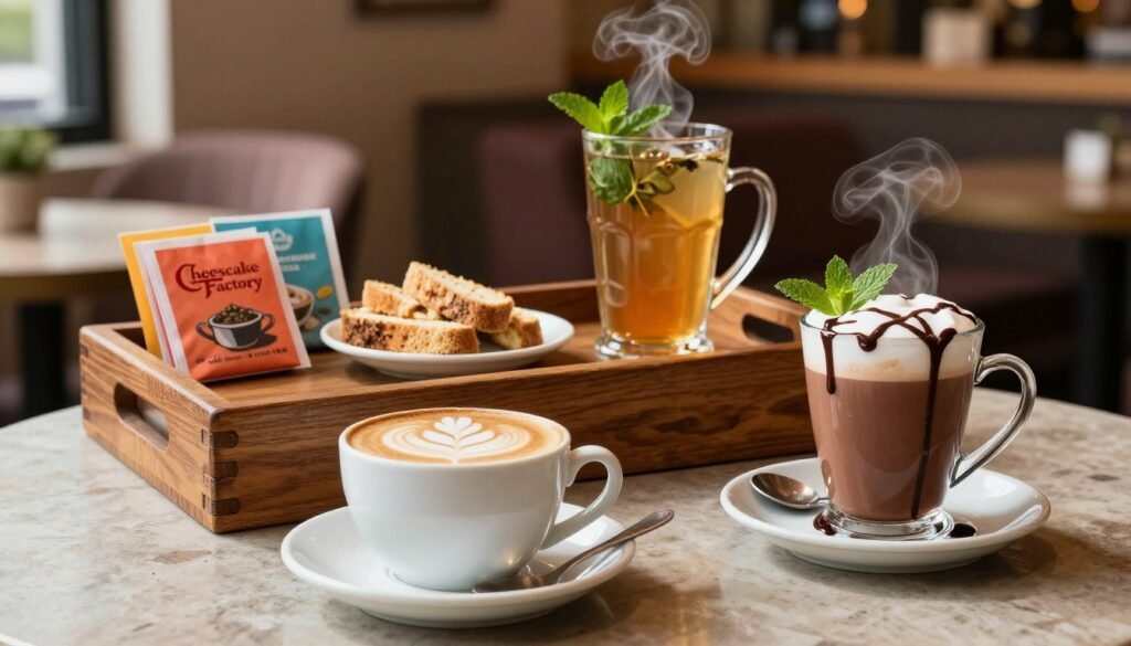 A stylish arrangement of various beverages from the Cheesecake Factory's coffee, tea, and hot specialty drinks menu. In the foreground, showcase a beautifully crafted cappuccino topped with delicate foam art, a steaming cup of herbal tea with fresh mint leaves, and a vibrant hot chocolate drizzled with chocolate syrup. The middle layer features a handsome wooden serving tray adorned with colorful tea bags and a small plate of biscotti. The background includes a softly lit cafe atmosphere, with blurred outlines of rustic decor and plush seating, creating an inviting mood. The scene should utilize warm, natural lighting to enhance the colors of the beverages, with a shallow depth of field focusing on the drinks, creating a cozy, indulgent atmosphere perfect for relaxing. A stylish arrangement of various beverages from the Cheesecake Factory's coffee, tea, and hot specialty drinks menu. In the foreground, showcase a beautifully crafted cappuccino topped with delicate foam art, a steaming cup of herbal tea with fresh mint leaves, and a vibrant hot chocolate drizzled with chocolate syrup. The middle layer features a handsome wooden serving tray adorned with colorful tea bags and a small plate of biscotti. The background includes a softly lit cafe atmosphere, with blurred outlines of rustic decor and plush seating, creating an inviting mood. The scene should utilize warm, natural lighting to enhance the colors of the beverages, with a shallow depth of field focusing on the drinks, creating a cozy, indulgent atmosphere perfect for relaxing.