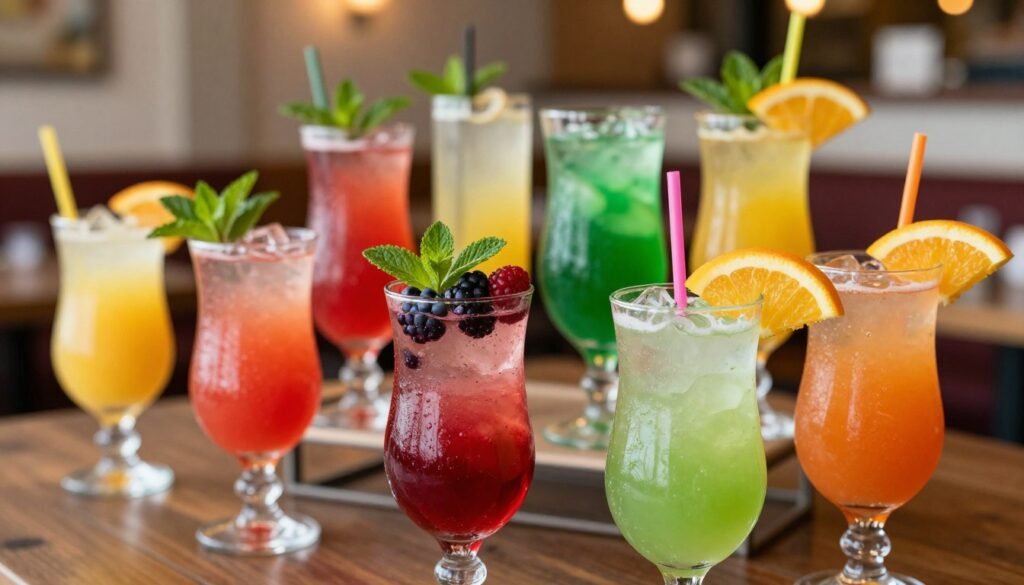 A vibrant and inviting display of assorted Cheesecake Factory mocktails, featuring colorful drinks in elegant glassware. In the foreground, showcase two beautifully garnished mocktails: one with fresh berries and a sprig of mint, and the other with citrus slices and a vibrant straw. The middle layer includes a variety of additional drinks, each uniquely adorned with fruits and herbs, showcasing a spectrum of colors like bright reds, deep greens, and sunny yellows. The background softly blurs to reveal a cozy restaurant ambiance, with warm lighting and soft decor that enhances the inviting atmosphere. The scene captures a sense of refreshment and indulgence, perfect for a summer day, evoking feelings of relaxation and enjoyment. Ensure the composition is well-lit, with a shallow depth of field to highlight the drinks prominently. A vibrant and inviting display of assorted Cheesecake Factory mocktails, featuring colorful drinks in elegant glassware. In the foreground, showcase two beautifully garnished mocktails: one with fresh berries and a sprig of mint, and the other with citrus slices and a vibrant straw. The middle layer includes a variety of additional drinks, each uniquely adorned with fruits and herbs, showcasing a spectrum of colors like bright reds, deep greens, and sunny yellows. The background softly blurs to reveal a cozy restaurant ambiance, with warm lighting and soft decor that enhances the inviting atmosphere. The scene captures a sense of refreshment and indulgence, perfect for a summer day, evoking feelings of relaxation and enjoyment. Ensure the composition is well-lit, with a shallow depth of field to highlight the drinks prominently.