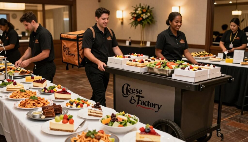 A vibrant, bustling scene showcasing a professional catering delivery from the Cheesecake Factory. In the foreground, a neatly arranged table filled with an array of colorful, delectable dishes, including cheesecakes, pasta, and salads presented in elegant serving trays. In the middle, a cheerful delivery team in professional attire, expertly wheeling in a large, branded catering cart loaded with dessert boxes and vibrant salads. In the background, a well-decorated venue space featuring tasteful decorations that complement the culinary offerings, with warm, inviting lighting casting a soft glow. The atmosphere is lively yet professional, capturing the essence of a successful catering experience, perfect for celebrations or corporate events. The angle highlights the food while emphasizing the service aspect, creating a warm, inviting mood. A vibrant, bustling scene showcasing a professional catering delivery from the Cheesecake Factory. In the foreground, a neatly arranged table filled with an array of colorful, delectable dishes, including cheesecakes, pasta, and salads presented in elegant serving trays. In the middle, a cheerful delivery team in professional attire, expertly wheeling in a large, branded catering cart loaded with dessert boxes and vibrant salads. In the background, a well-decorated venue space featuring tasteful decorations that complement the culinary offerings, with warm, inviting lighting casting a soft glow. The atmosphere is lively yet professional, capturing the essence of a successful catering experience, perfect for celebrations or corporate events. The angle highlights the food while emphasizing the service aspect, creating a warm, inviting mood.