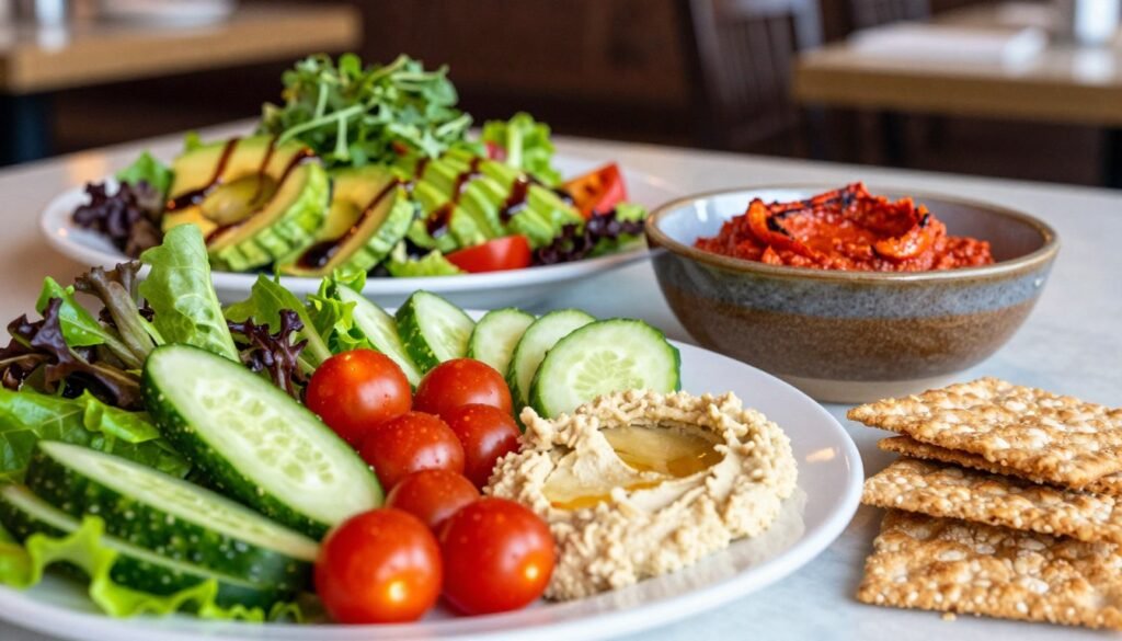 A vibrant, well-arranged flat lay of a Cheesecake Factory menu showcasing an array of healthy appetizer ingredients. In the foreground, feature a colorful assortment of fresh vegetables like crisp cucumbers, cherry tomatoes, and mixed greens, artistically arranged alongside hummus and whole grain crackers. In the middle section, include a beautifully plated avocado salad drizzled with a light balsamic vinaigrette, and roasted red pepper dip served in a rustic bowl. The background should have a blurred restaurant setting, hinting at cozy, ambient lighting that creates a warm and inviting atmosphere. The image should convey a sense of health-conscious dining, focusing on fresh, wholesome ingredients that entice diners. Use natural, soft lighting to enhance the freshness of the ingredients and evoke a friendly dining experience. A vibrant, well-arranged flat lay of a Cheesecake Factory menu showcasing an array of healthy appetizer ingredients. In the foreground, feature a colorful assortment of fresh vegetables like crisp cucumbers, cherry tomatoes, and mixed greens, artistically arranged alongside hummus and whole grain crackers. In the middle section, include a beautifully plated avocado salad drizzled with a light balsamic vinaigrette, and roasted red pepper dip served in a rustic bowl. The background should have a blurred restaurant setting, hinting at cozy, ambient lighting that creates a warm and inviting atmosphere. The image should convey a sense of health-conscious dining, focusing on fresh, wholesome ingredients that entice diners. Use natural, soft lighting to enhance the freshness of the ingredients and evoke a friendly dining experience.