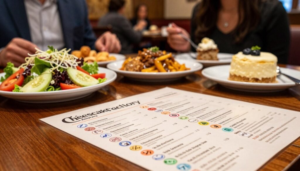 A visually appealing and professional image of a Cheesecake Factory allergy menu displayed on a wooden restaurant table. The menu is prominently featured in the foreground, with colorful icons indicating various allergies like peanuts, gluten, and dairy. In the middle ground, soft lighting creates a warm, inviting atmosphere, enhancing the textures of the menu. Surrounding the menu are elegantly arranged allergy-friendly dishes, such as a fresh salad and a safe dessert, showcasing vibrant colors and ingredients. In the background, blurred silhouettes of customers in smart casual clothing are engaged in conversation, emphasizing a lively dining environment. The composition captures the essence of safety and care in dining out, suitable for individuals with food allergies. A visually appealing and professional image of a Cheesecake Factory allergy menu displayed on a wooden restaurant table. The menu is prominently featured in the foreground, with colorful icons indicating various allergies like peanuts, gluten, and dairy. In the middle ground, soft lighting creates a warm, inviting atmosphere, enhancing the textures of the menu. Surrounding the menu are elegantly arranged allergy-friendly dishes, such as a fresh salad and a safe dessert, showcasing vibrant colors and ingredients. In the background, blurred silhouettes of customers in smart casual clothing are engaged in conversation, emphasizing a lively dining environment. The composition captures the essence of safety and care in dining out, suitable for individuals with food allergies.