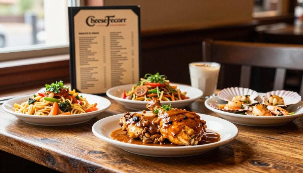 An elegant, arranged display of various Cheesecake Factory entrees on a rustic wooden table, showcasing a vibrant assortment that includes a hearty chicken dish with rich sauce, a vegetarian pasta with colorful vegetables, and a seafood plate featuring shrimp and scallops. The foreground focuses on the beautifully plated dishes, garnished with fresh herbs. In the middle ground, a classic Cheesecake Factory menu is slightly visible, hinting at a variety of options. The background features a softly lit restaurant ambiance with warm tones that create an inviting atmosphere. The lighting is warm and natural, resembling late afternoon light filtering through a window, casting soft shadows. The overall mood is cozy and appetizing, enticing the viewer into a delightful dining experience. An elegant, arranged display of various Cheesecake Factory entrees on a rustic wooden table, showcasing a vibrant assortment that includes a hearty chicken dish with rich sauce, a vegetarian pasta with colorful vegetables, and a seafood plate featuring shrimp and scallops. The foreground focuses on the beautifully plated dishes, garnished with fresh herbs. In the middle ground, a classic Cheesecake Factory menu is slightly visible, hinting at a variety of options. The background features a softly lit restaurant ambiance with warm tones that create an inviting atmosphere. The lighting is warm and natural, resembling late afternoon light filtering through a window, casting soft shadows. The overall mood is cozy and appetizing, enticing the viewer into a delightful dining experience.